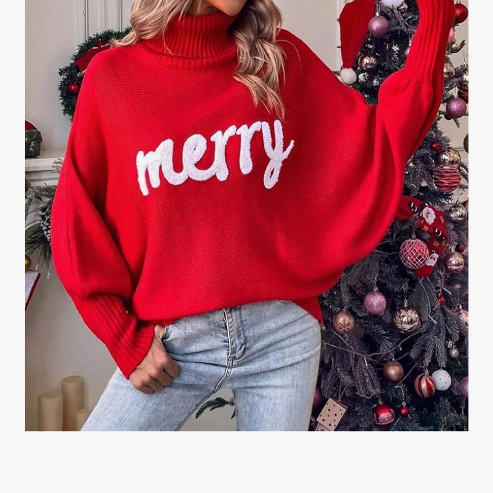 Christmas Holiday Merry Appliqué Red Turtleneck Sweater Size M